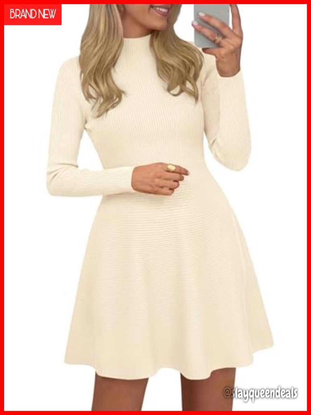 PRETTYGARDEN Knit A-Line Short Sweater Dress Mock Neck Long Sleeve